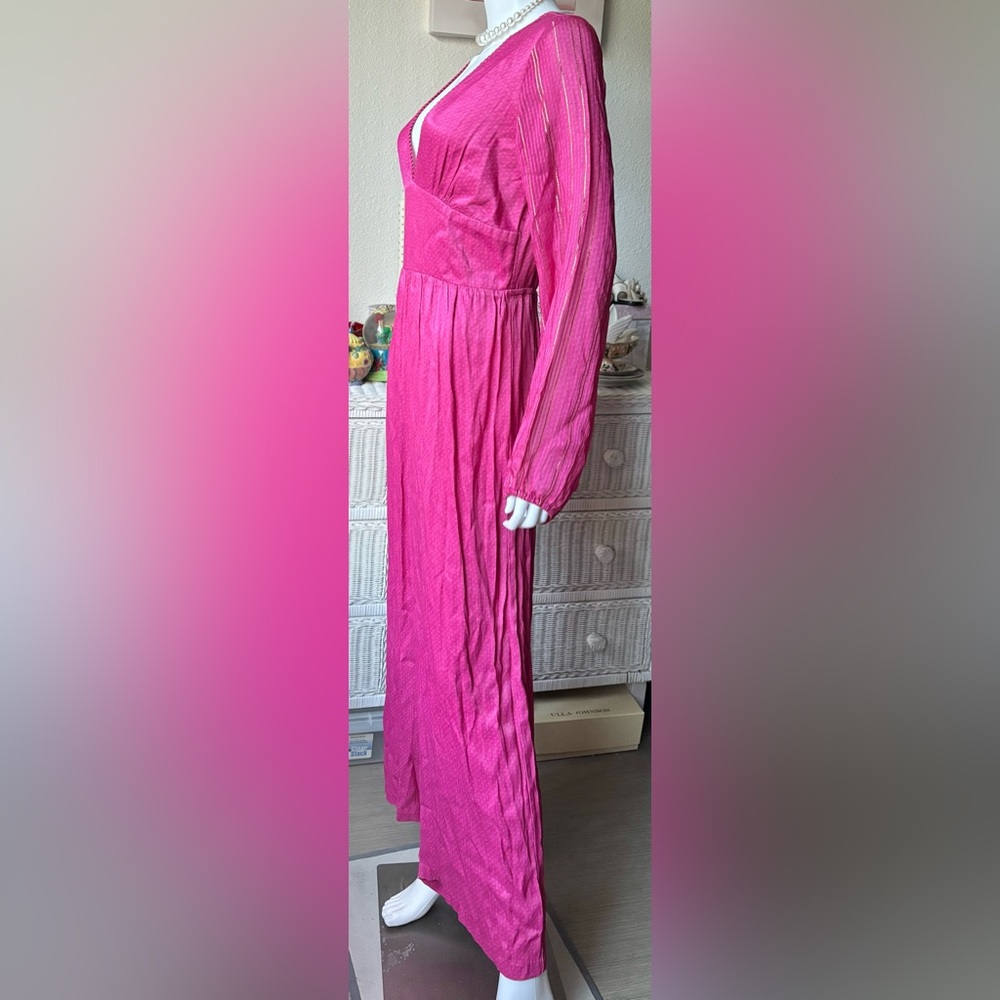 Anthropologie Riviera Jumpsuit Low Cut Wide-Leg Hot Pink w/ Gold stripes size M - Picture 4 of 15
